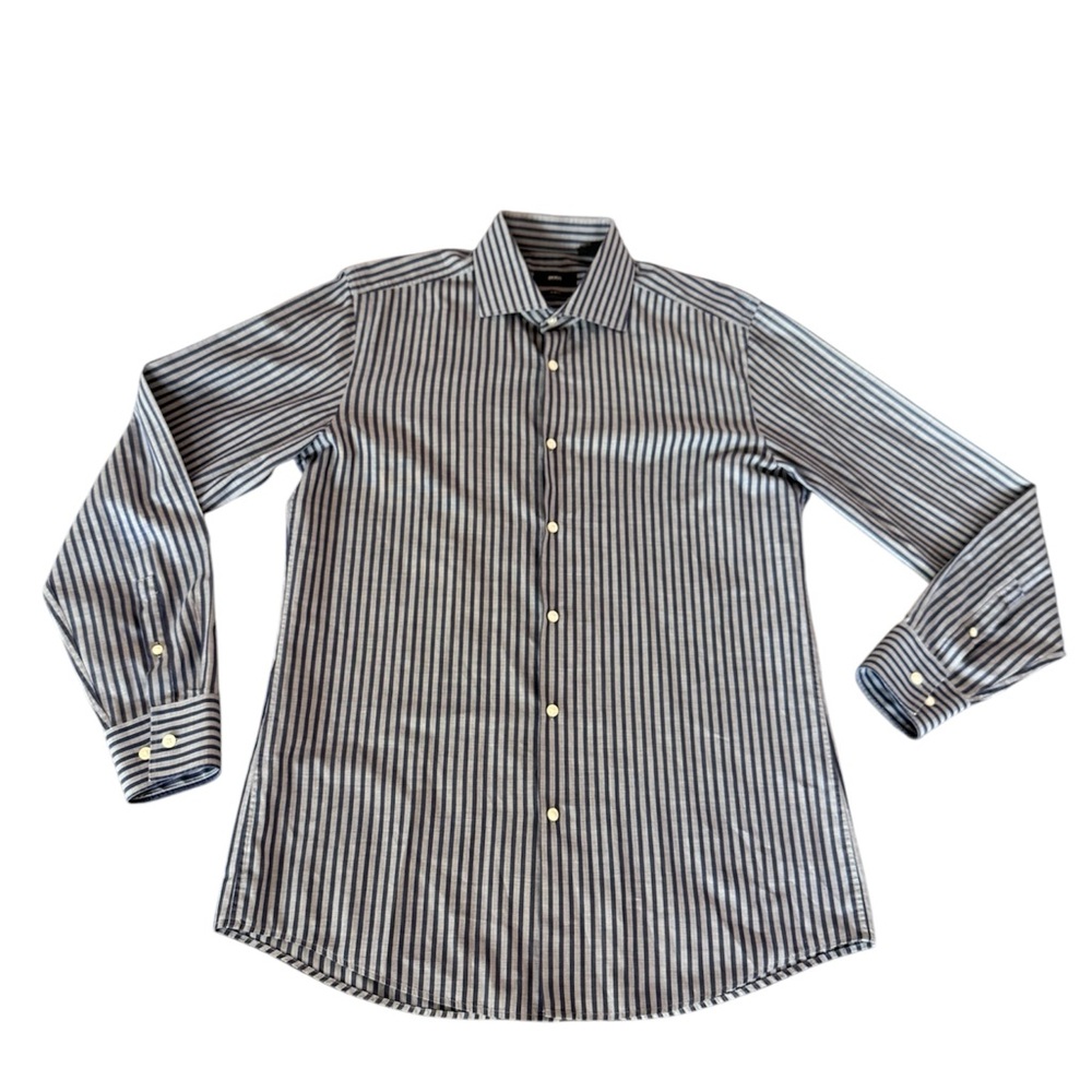 Hugo Boss Shirt Mens 42 16 1/2 Blue Striped Button Up Long Sleeve Slim‎ fit